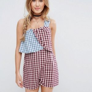 Asos Petite Mixed Gingham One Shoulder Romper